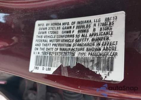 2013 Honda Civic Ex-L from USA, damaged, VIN 19XFB2F9XDE267732
